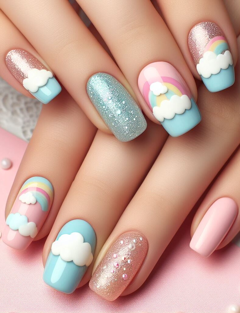 Sparkly skies above! ✨ Add a touch of magic to your cloud and rainbow nail art with shimmering glitter accents. Glittery rainbows or sparkling clouds, the possibilities are endless!