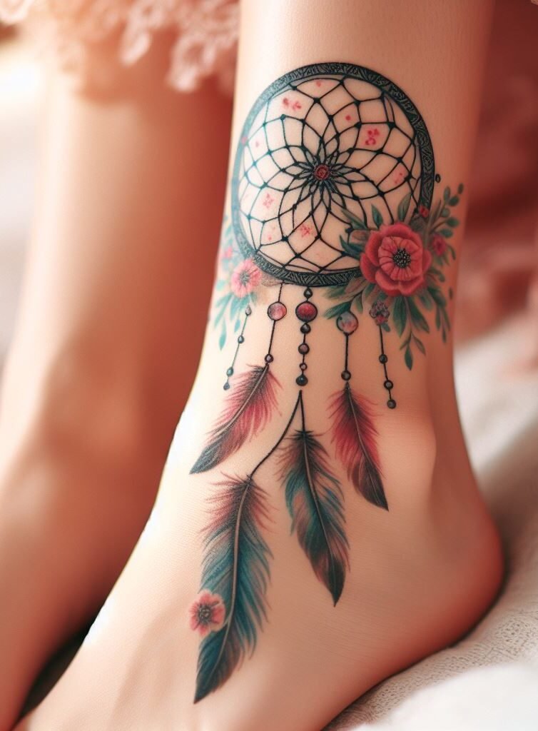 Embrace your inner strength with a dreamcatcher adorned with vibrant feathers on your foot. These colorful accents represent courage, wisdom, and chasing away negativity.