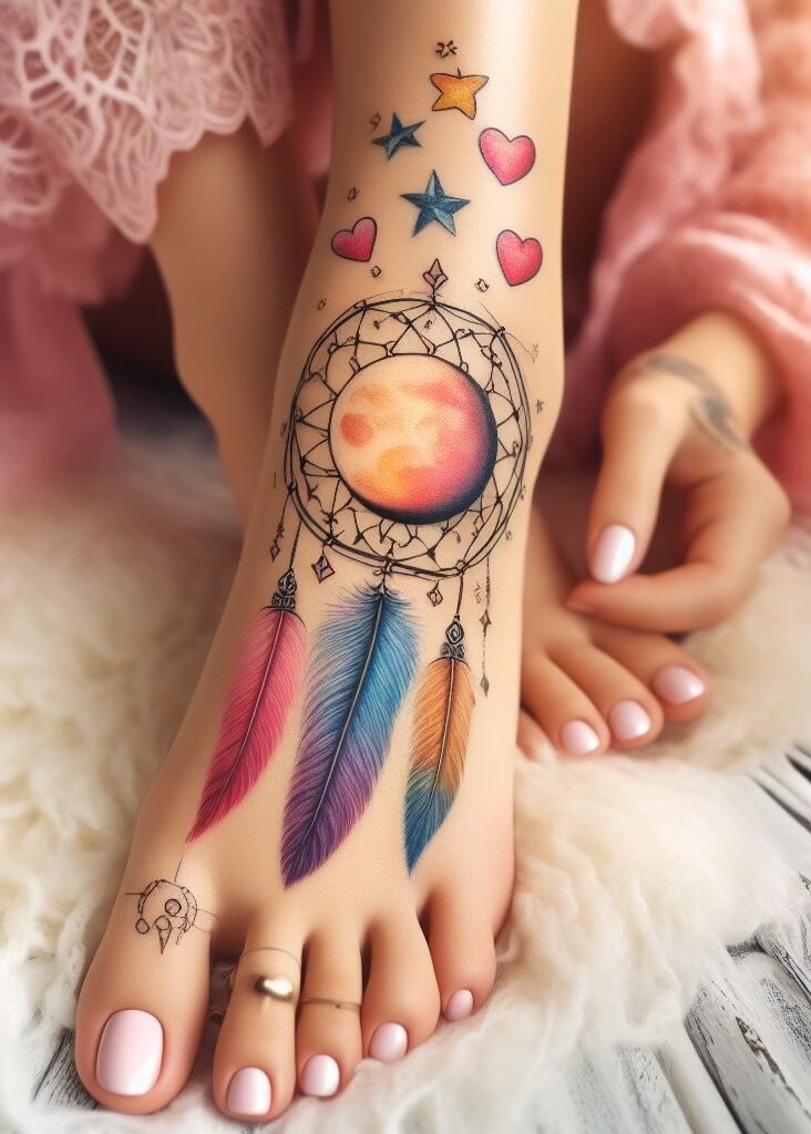 Channel your celestial spirit with a moon and star dreamcatcher design on your foot. This enchanting tattoo whispers of dreams guided by intuition and the magic of the night.