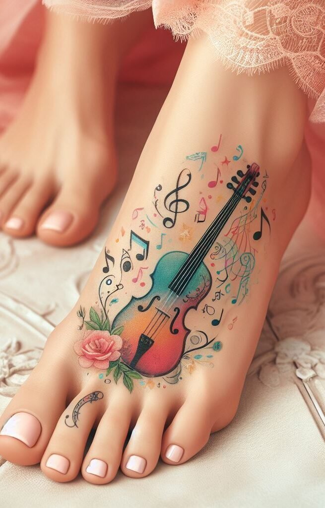 Let music guide your journey! Depict a winding path with musical notes transforming into a guitar at the end on your foot. This design symbolizes the power of music to lead you on an incredible journey.