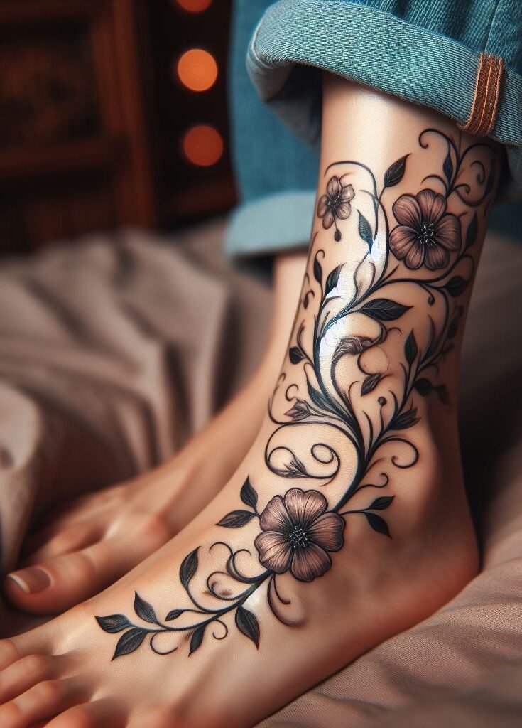 Embrace elegance with a single, climbing vine tattoo that snakes gracefully up your foot. This delicate design symbolizes growth and reaching new heights.