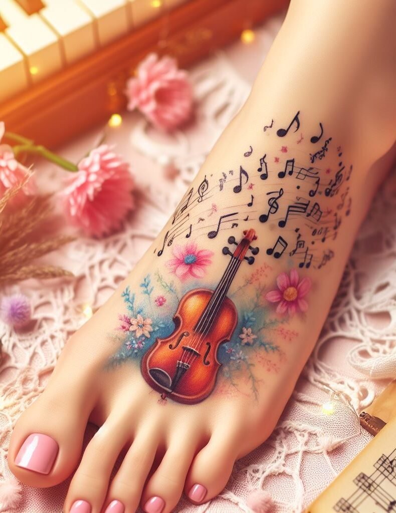 Hit the right note with a dainty guitar neck and musical notes climbing up your foot! This design celebrates your love for music and the beauty of melody.