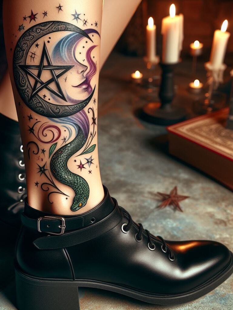 Embrace duality with a black and white design featuring a snake and a crescent moon and a pentacle on your foot. This design represents balance, good versus evil, and unlocking inner strength.