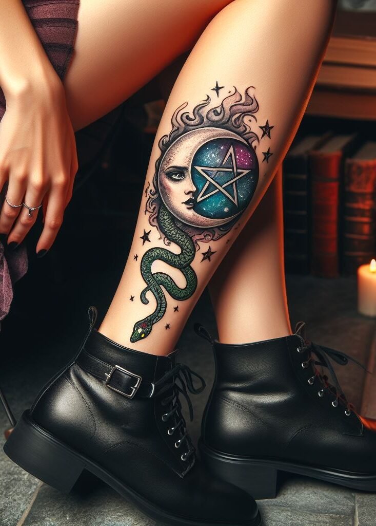 Honor tradition! Opt for a classic design featuring a snake coiled around a White crescent moon, all overshadowed by a traditional pentagram on your foot. This design celebrates the rich history of witchcraft.