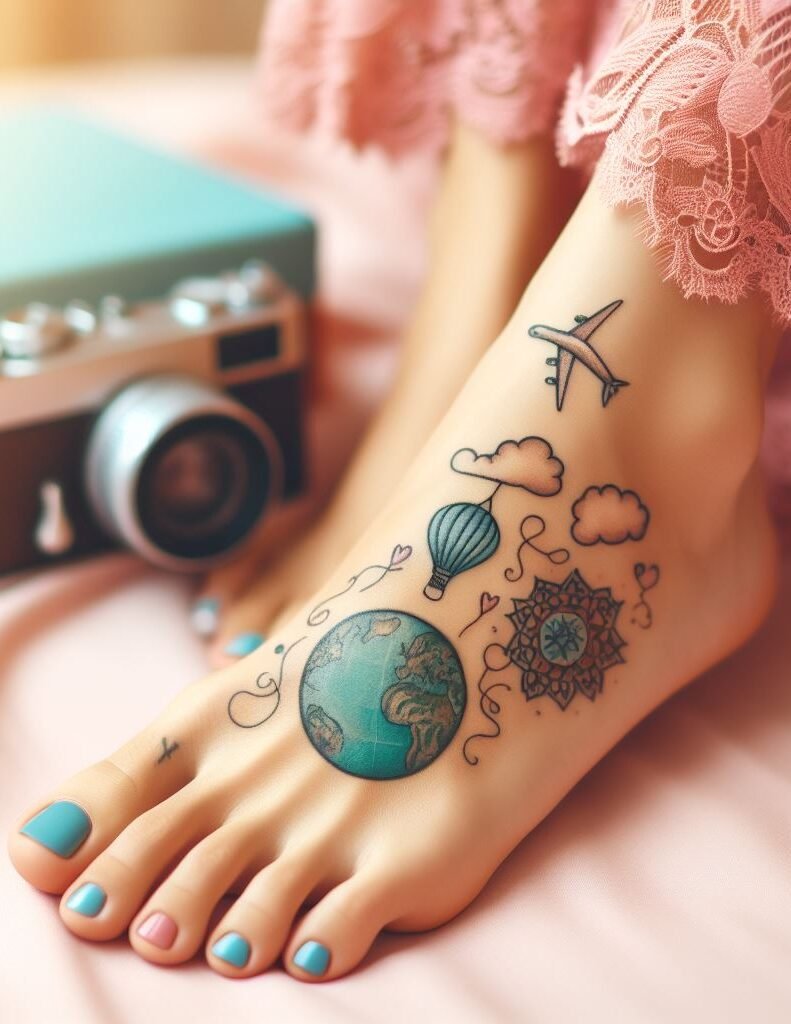 Capture the spirit of adventure with a hot air balloon floating across your foot. This whimsical design symbolizes freedom, exploration, and a sense of wonder.