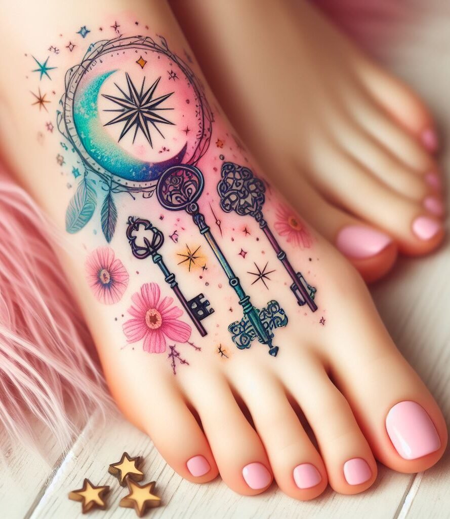 Catch sweet dreams wherever you roam with a delicate dreamcatcher tattoo on your foot. This intricate web design symbolizes protection and peaceful slumber.