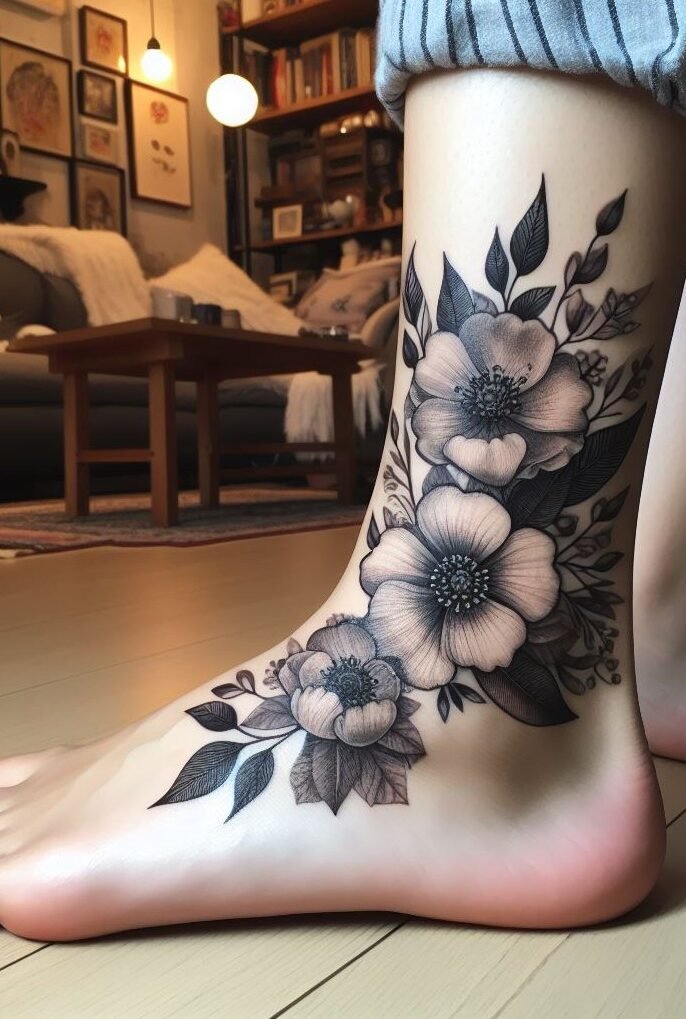 Unleash your wild side with a vibrant wildflower bouquet adorning your foot. This colorful design celebrates the joy and freedom of life.