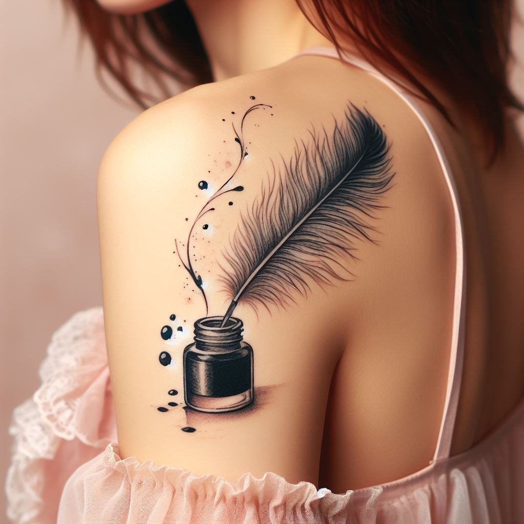 Hand Tattoos ink bottle with feather quill