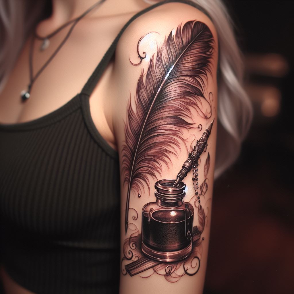 Hand Tattoos ink bottle with feather quill