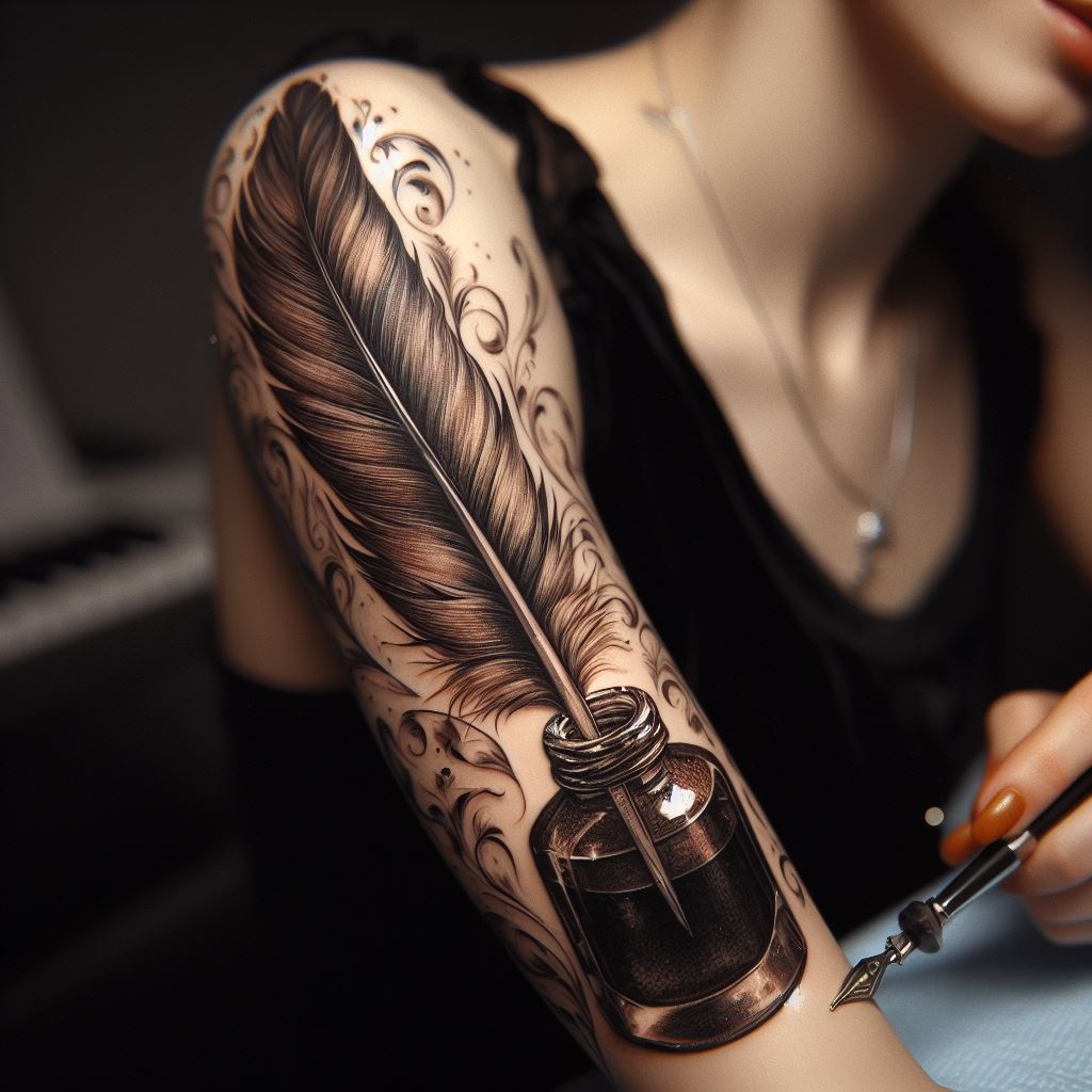 Hand Tattoos ink bottle with feather quill