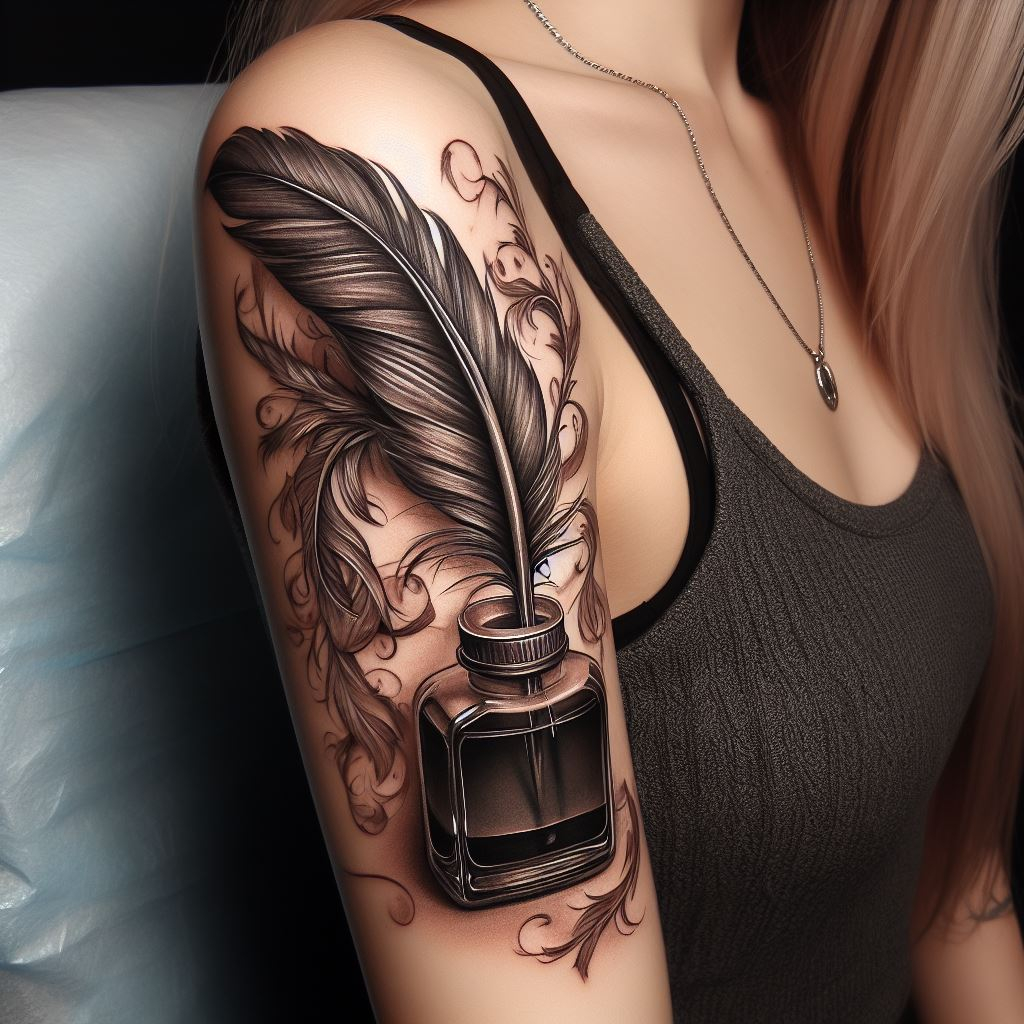 Hand Tattoos ink bottle with feather quill