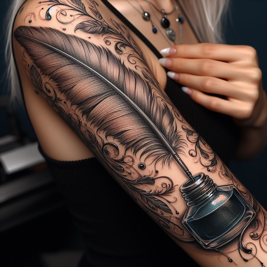 Hand Tattoos ink bottle with feather quill