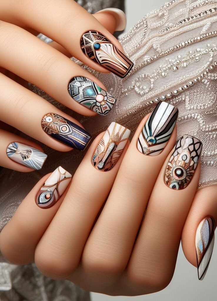 Negative space magic! Let your natural nail peek through with negative space incorporated into your metallic geometric designs for a modern and airy feel.