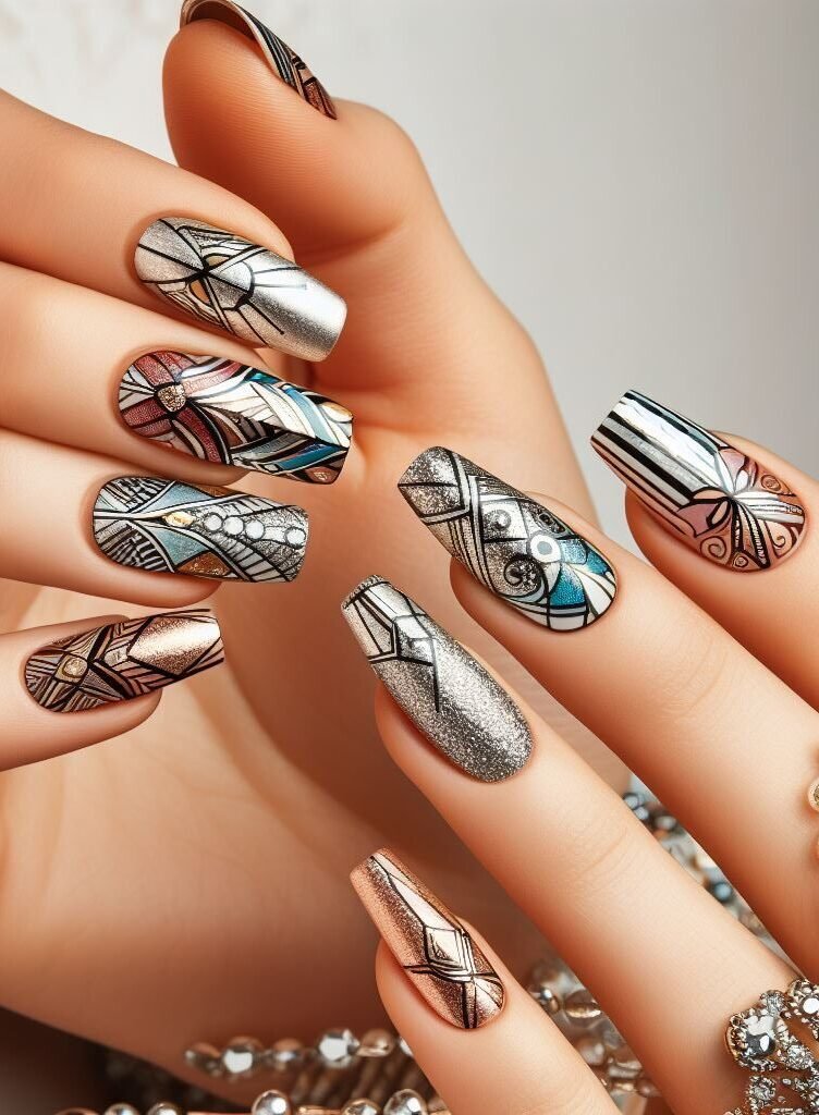 Glitter glam! Add a touch of sparkle to your metallic geometric nail art with dazzling glitter incorporated into the designs for an extra touch of festivity.