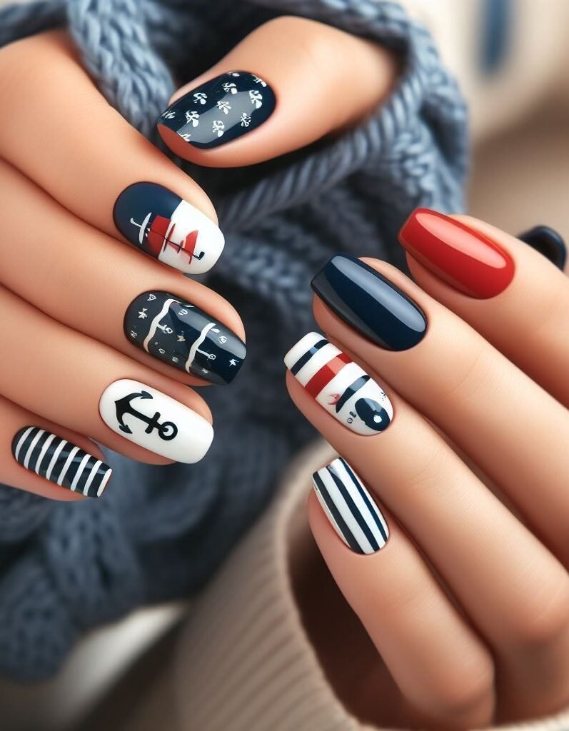 Ahoy, matey! Anchors aweigh! ✨ These nautical nail art designs showcase bold anchors in various styles, from classic black to metallic gold, perfect for a statement-making mani.