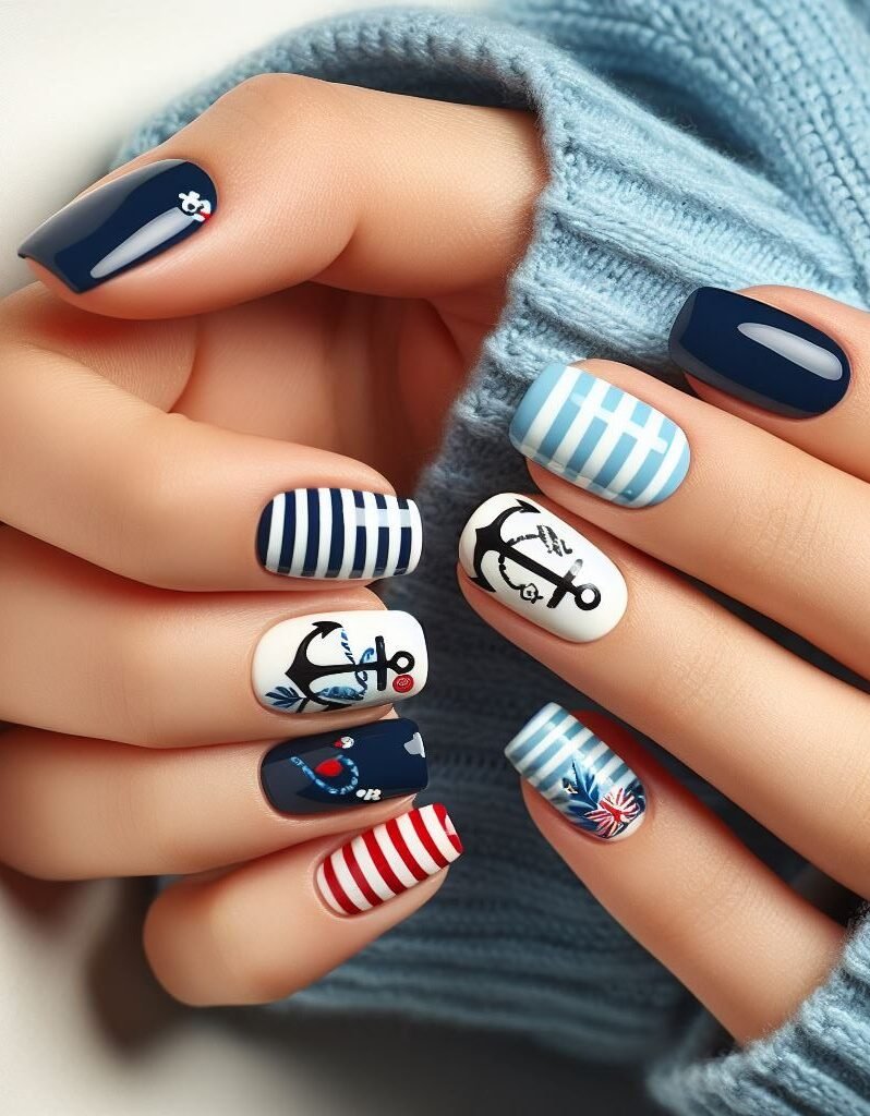 Lighthouse to lovely nails! Embrace the guiding light with charming lighthouse nail art featuring stripes, waves, and a silhouette of a majestic lighthouse.