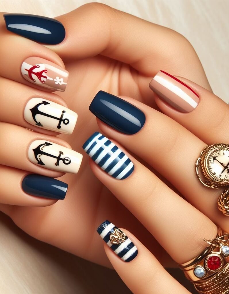 Anchors aweigh and waves below! Create a captivating scene on your nails with a combination of anchors, waves, and even tiny seagulls for a truly nautical masterpiece.