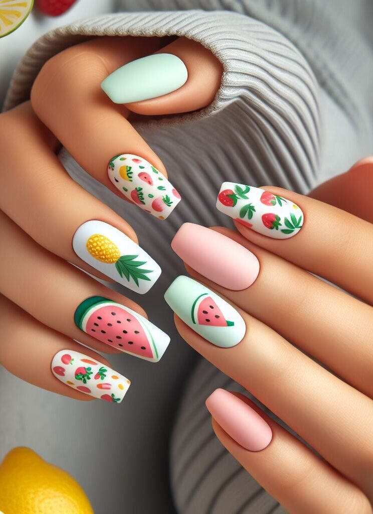 Summer fruit explosion for 2024! Indulge in the juicy goodness of watermelon, pineapple, and strawberry nail art designs. These vibrant and playful looks are perfect for adding a touch of sunshine to your fingertips.