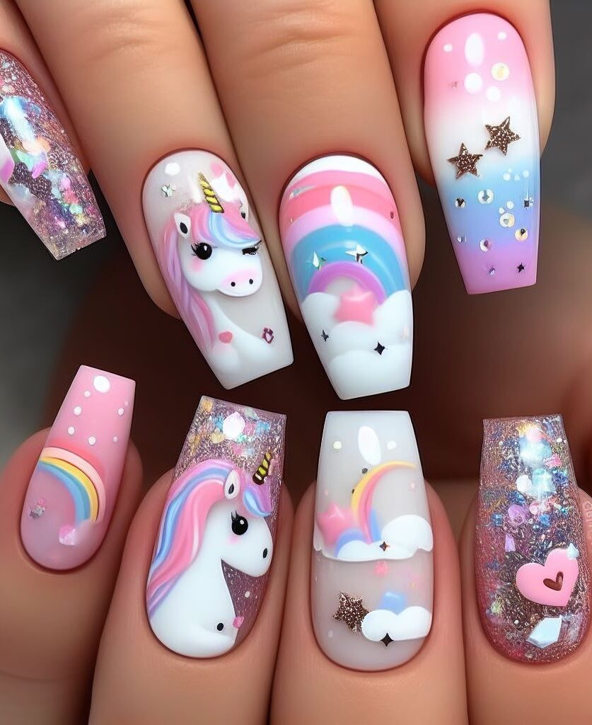 Celestial sparkle! Embrace the magic of the night sky with starry night backgrounds and shimmering unicorn horns for a truly enchanting 2024 nail art look.