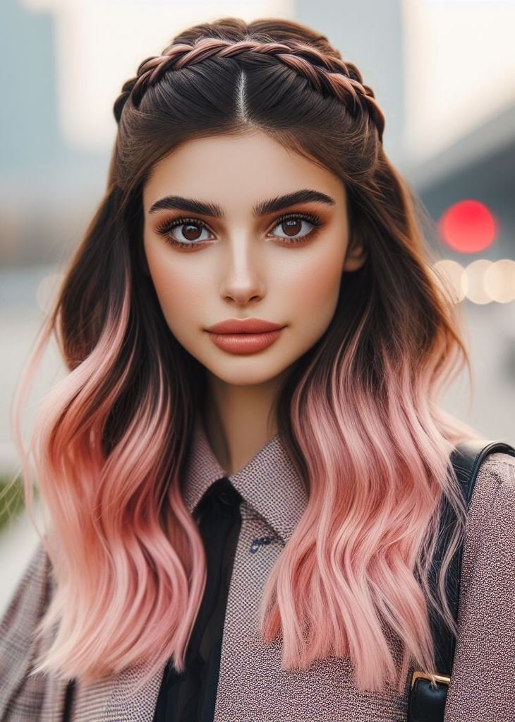 Stunning Crown Braids with Ombre Highlights: Unveiling a World of Color and Style | Pocoko Get ready to turn heads with this gorgeous blush pink ombre and crown braid! #pinkhairgoals #hairstylesforteens #pocoko