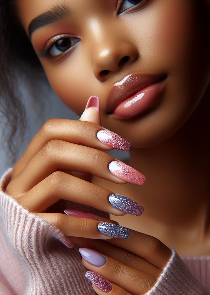 Looking for a playful mani? Pink & purple ombre with glitter is your answer! ✨ Fun & flirty, perfect for any occasion.