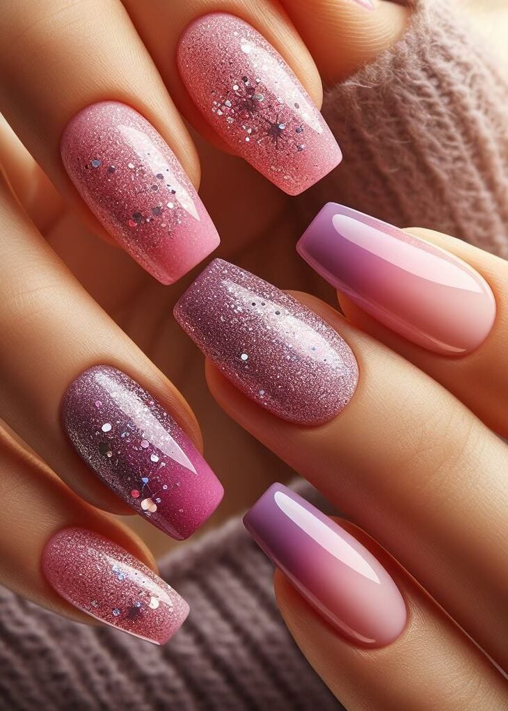 Elevate your everyday look with pink & purple ombre nails! ✨ A touch of glitter adds instant wow-factor.