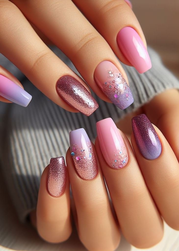Channel your inner unicorn with pink & purple ombre nails! ✨ Dazzle with a touch of glitter for a magical mani.