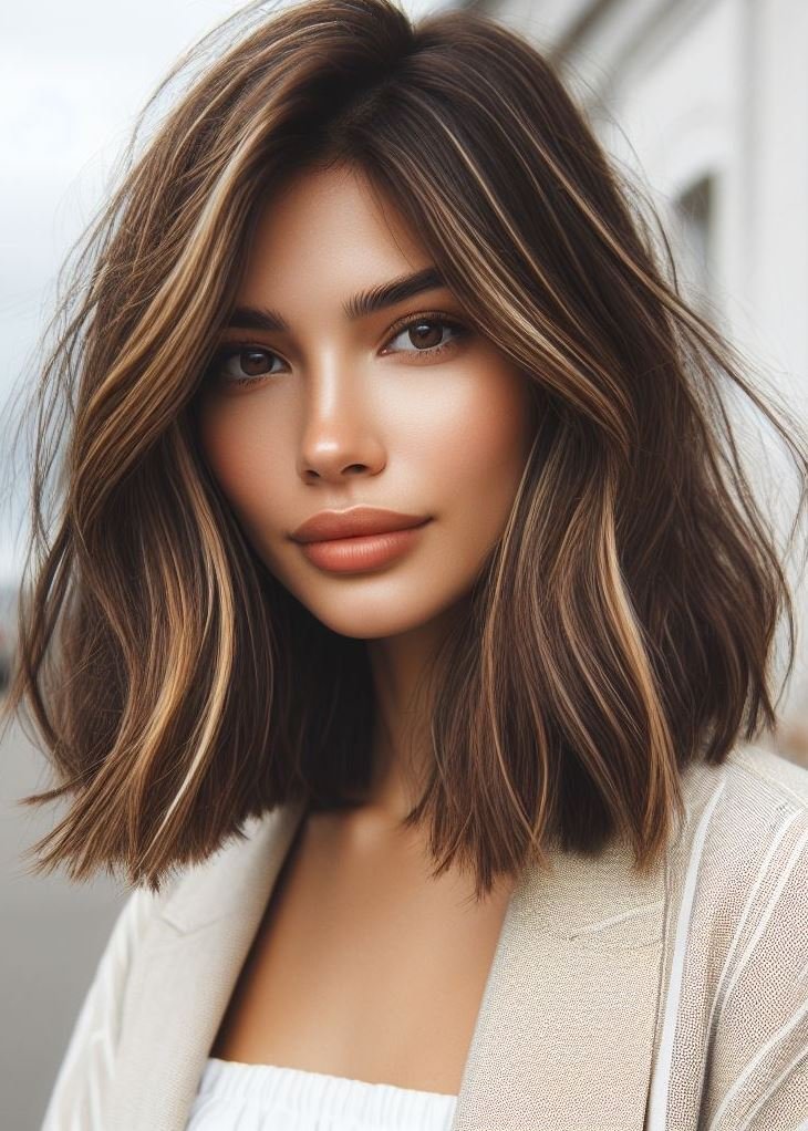 Add sun-kissed warmth to your medium hair with soft layers and subtle honey highlights. Effortless beauty! #mediumhairstyle #haircolor #pocoko