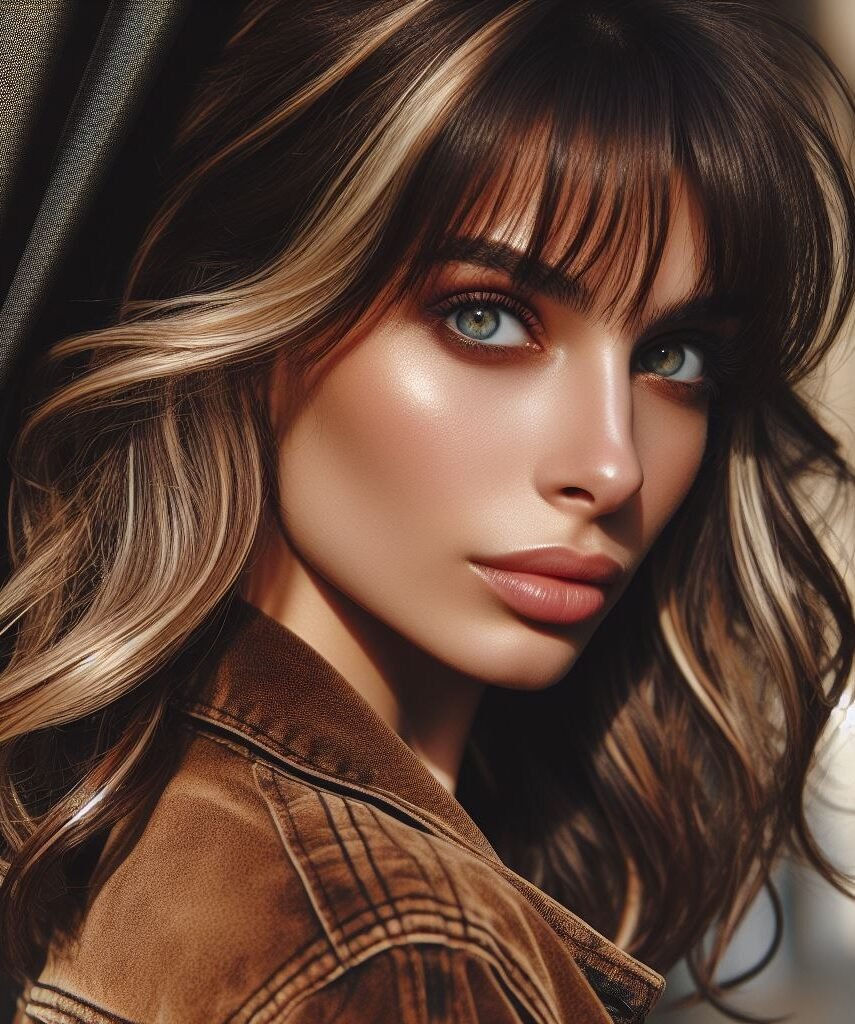 Elevate your style with Curtain Bangs on medium-length wavy hair, blending shades of brown with delicate blonde highlights. This versatile and chic hairstyle adds modern sophistication to any look. #CurtainBangs #WavyHair #BrownBlondeHighlights #POCOKO