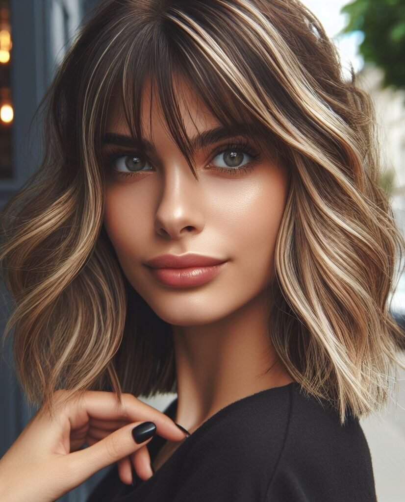 Elevate your style with Curtain Bangs on medium-length wavy hair, featuring a blend of brown tones with blonde highlights. This versatile and chic hairstyle adds a touch of modern sophistication to any look. #CurtainBangs #WavyHair #BrownBlondeHighlights #POCOKO