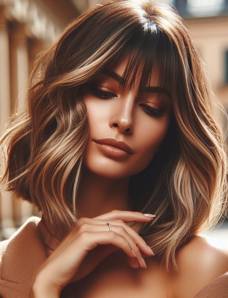 Transform your look with Curtain Bangs on medium-length wavy hair, combining rich brown shades with subtle blonde highlights. This stylish and adaptable hairstyle brings a contemporary edge to any ensemble. #CurtainBangs #WavyHair #BrownBlondeHighlights #POCOKO