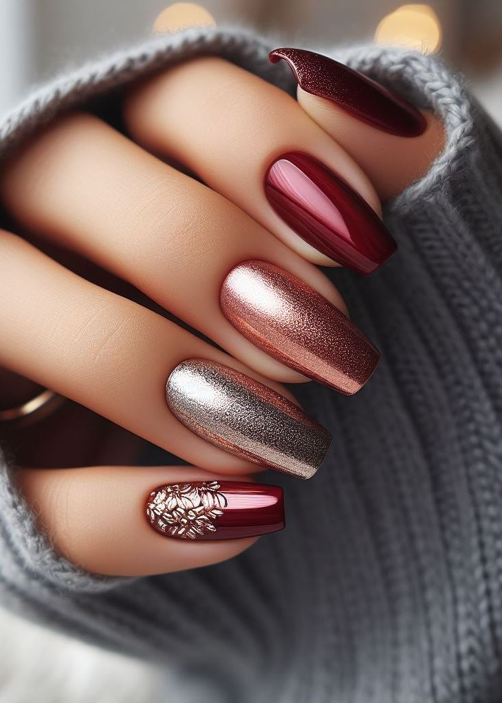 Feeling like a boss babe? Rock red to burgundy ombre nails with metallic accents for a powerful and glamorous mani.