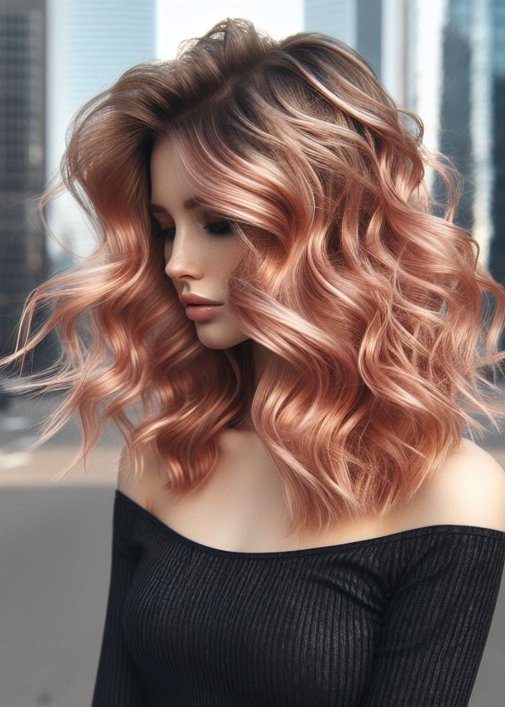 Effortless elegance! Medium hair styled in soft curls with a rose gold tint is perfect for any occasion. #mediumhair #curls #pocoko #rosegoldhair