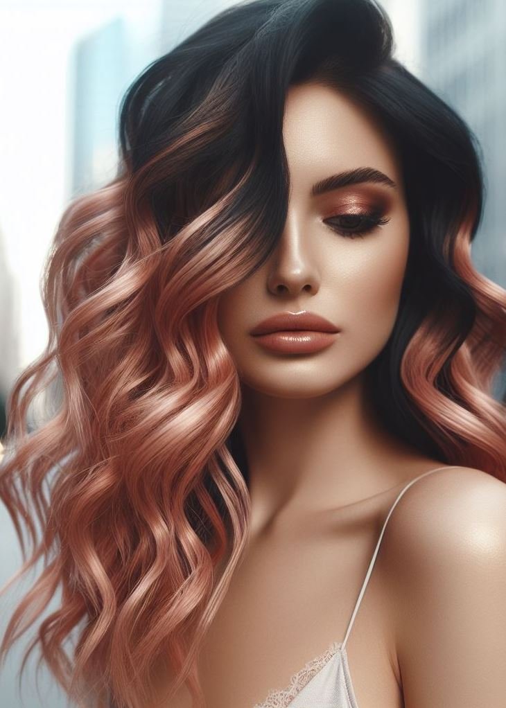 Shine bright! Amp up your medium hair with soft curls and a touch of rose gold magic. #mediumhair #curls #pocoko #rosegoldhair