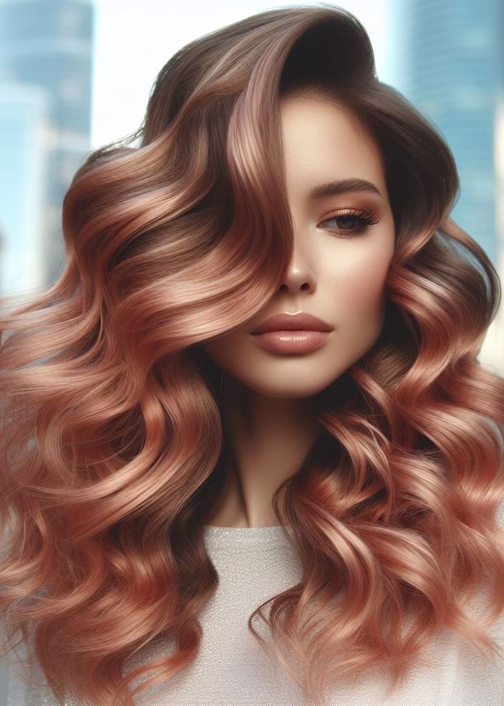 The perfect combo! Soft curls meet a gorgeous rose gold tint for a hairstyle that's both romantic and trendy. #mediumhair #waves #pocoko #rosegoldhair