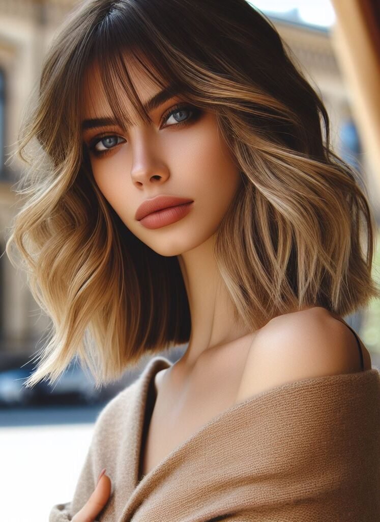 Upgrade your style with Curtain Bangs on medium-length wavy hair, boasting a mix of rich brown tones and subtle blonde highlights. This versatile and chic hairstyle brings a touch of modern sophistication to any look. #CurtainBangs #WavyHair #BrownBlondeHighlights #POCOKO