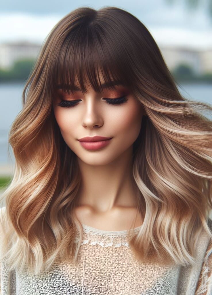 Dive into the mesmerizing waves of this enchanting hairstyle featuring Curtain Bangs on long brown hair cascading into stunning blonde ombre waves. Effortlessly blending warmth and radiance, this look captures the essence of modern elegance. Ride the wave of sophistication with #CurtainBangs #OmbreHair #WavyHair #POCOKO