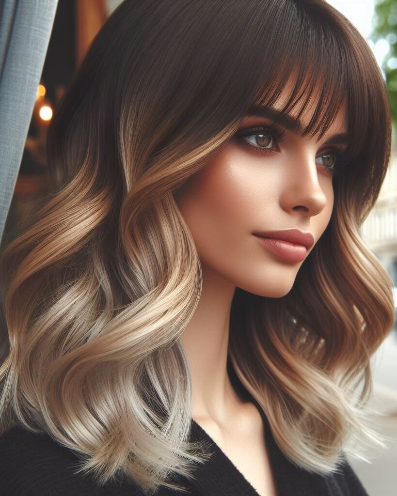 Explore the seamless blend of sophistication and trendiness with Curtain Bangs adorning long brown hair, gracefully transitioning into blonde ombre waves. This professionally styled look exudes versatility and modernity, making it perfect for any occasion. Elevate your hairstyle game with #CurtainBangs #OmbreHair #WavyHair #POCOKO