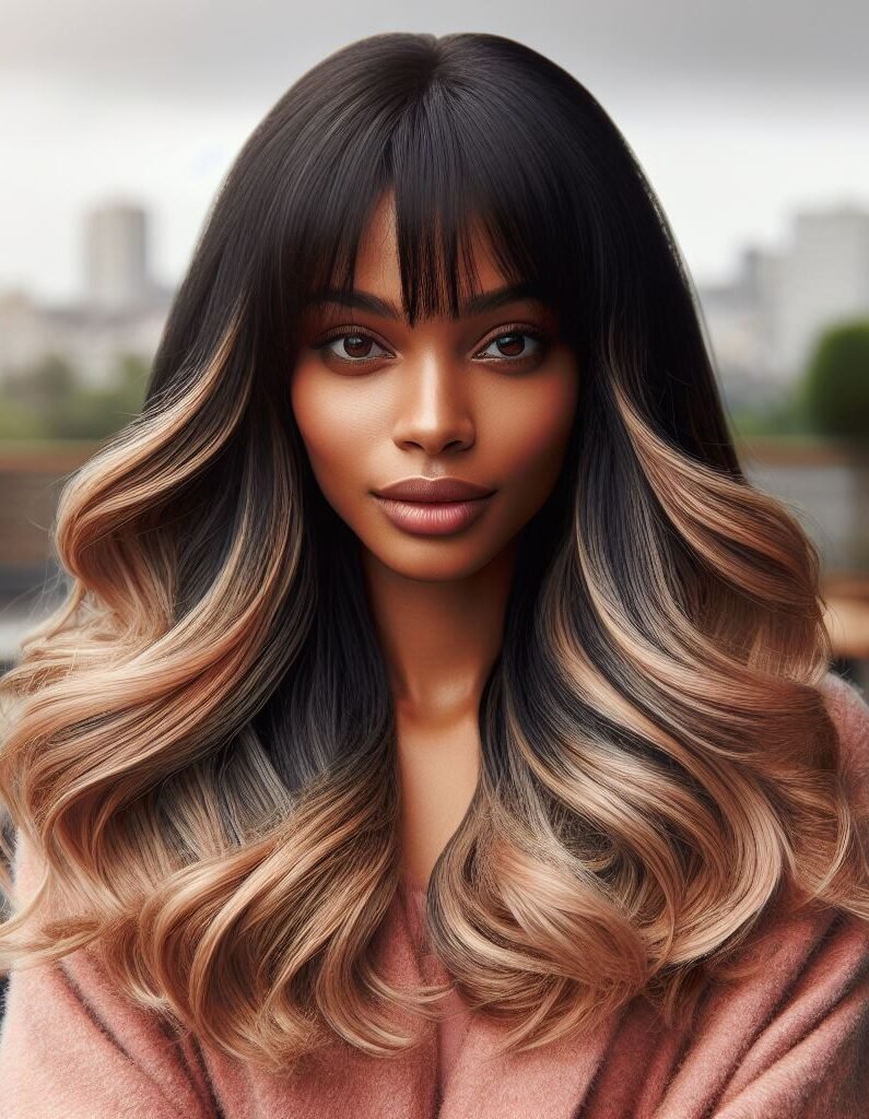 Elevate your style with Curtain Bangs on long black hair, cascading into blonde ombre waves. This striking and versatile hairstyle combines bold contrast with subtle elegance for a modern look. #CurtainBangs #OmbreHair #WavyHair #POCOKO