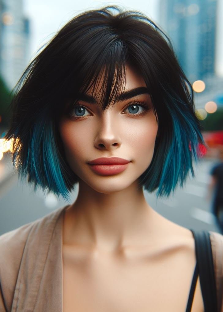 Electric edge! Channel your inner rockstar with a shaggy haircut and electric blue highlights on medium hair. #shaggyhair #bluehair #pocoko #mediumhair