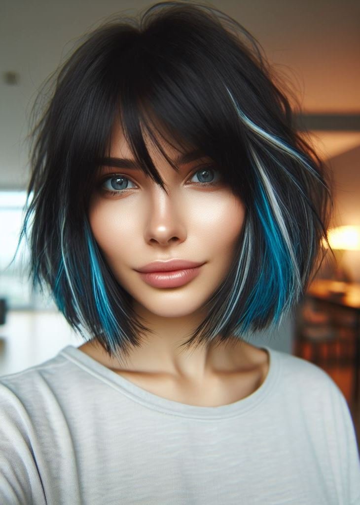 Texture & vibrancy! Embrace the playful texture of a shaggy haircut with electric blue highlights on medium hair. #shaggyhair #bluehair #texture #pocoko