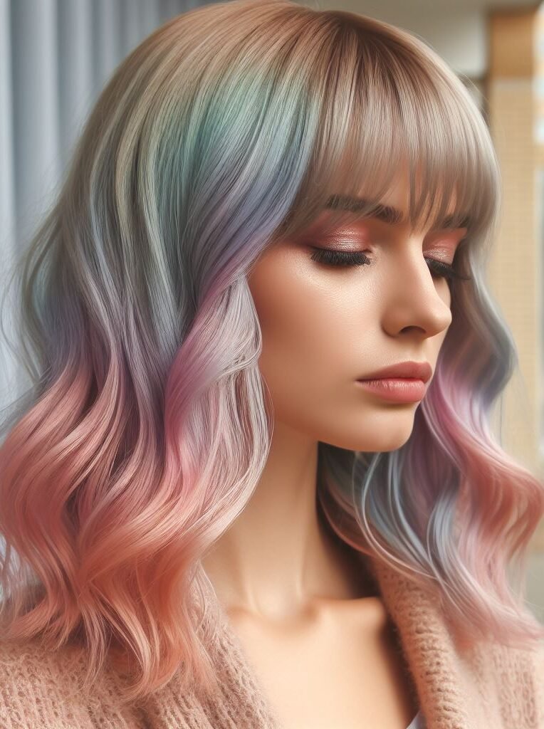 Embark on a fantastical journey with Curtain Bangs gracing medium-length locks adorned in dreamy pastel hues, reminiscent of a unicorn's mane. This enchanting hairstyle radiates whimsy and magic, inviting you to embrace your inner unicorn. Embrace the fantasy with #CurtainBangs #PastelHair #WavyHair #POCOKO