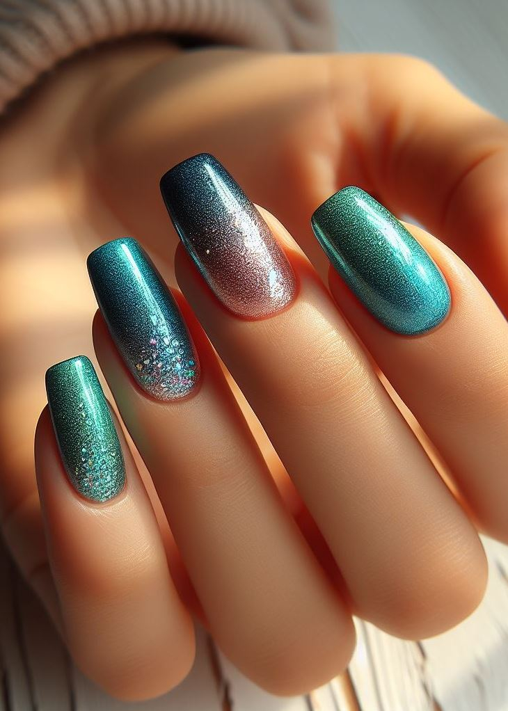 Dive into a shimmering ocean paradise! Teal to navy blue ombre with holographic glitter recreates the magic of the deep. ✨