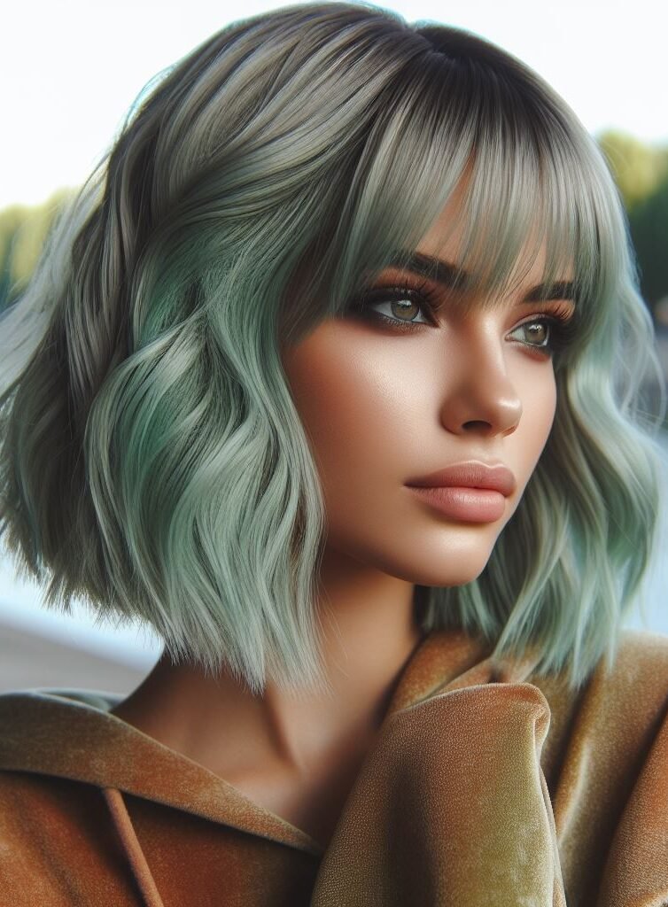 Dive into a world of refreshing style with Curtain Bangs framing medium-length mint green wavy locks. This unique and vibrant hairstyle exudes a playful yet chic vibe, perfect for those who love to stand out. Embrace your individuality with #CurtainBangs #MintGreenHair #WavyHair #POCOKO