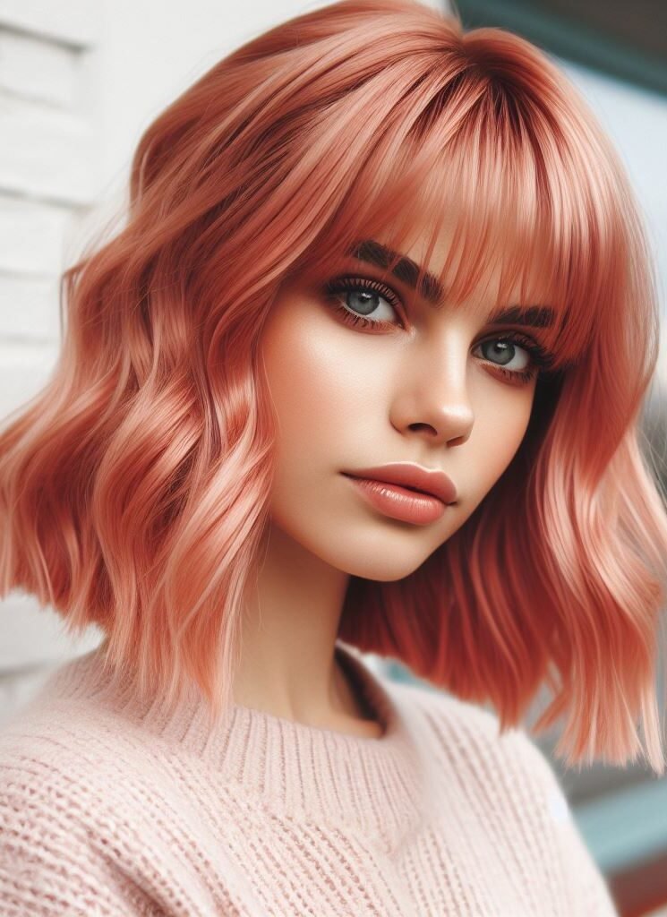 Dive into a realm of elegance with Curtain Bangs complementing medium-length peach wavy locks. This sophisticated hairstyle exudes a soft, romantic allure, perfect for those seeking a touch of whimsy. Embrace your unique style with #CurtainBangs #PeachHair #WavyHair #POCOKO