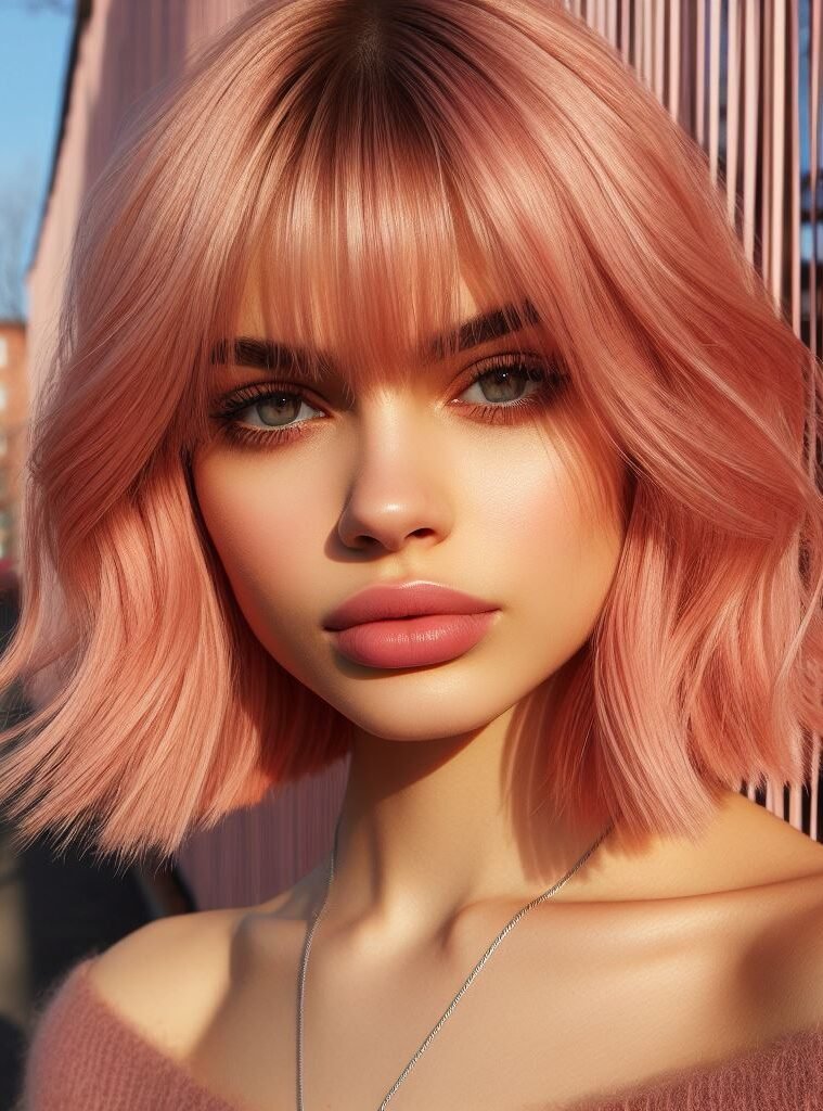Dive into a world of glamour with Curtain Bangs complementing medium-length rose gold colored wavy locks. This stunning hairstyle exudes sophistication and trendiness, perfect for those who love to make a statement. Embrace your unique style with #CurtainBangs #RoseGoldHair #WavyHair #POCOKO