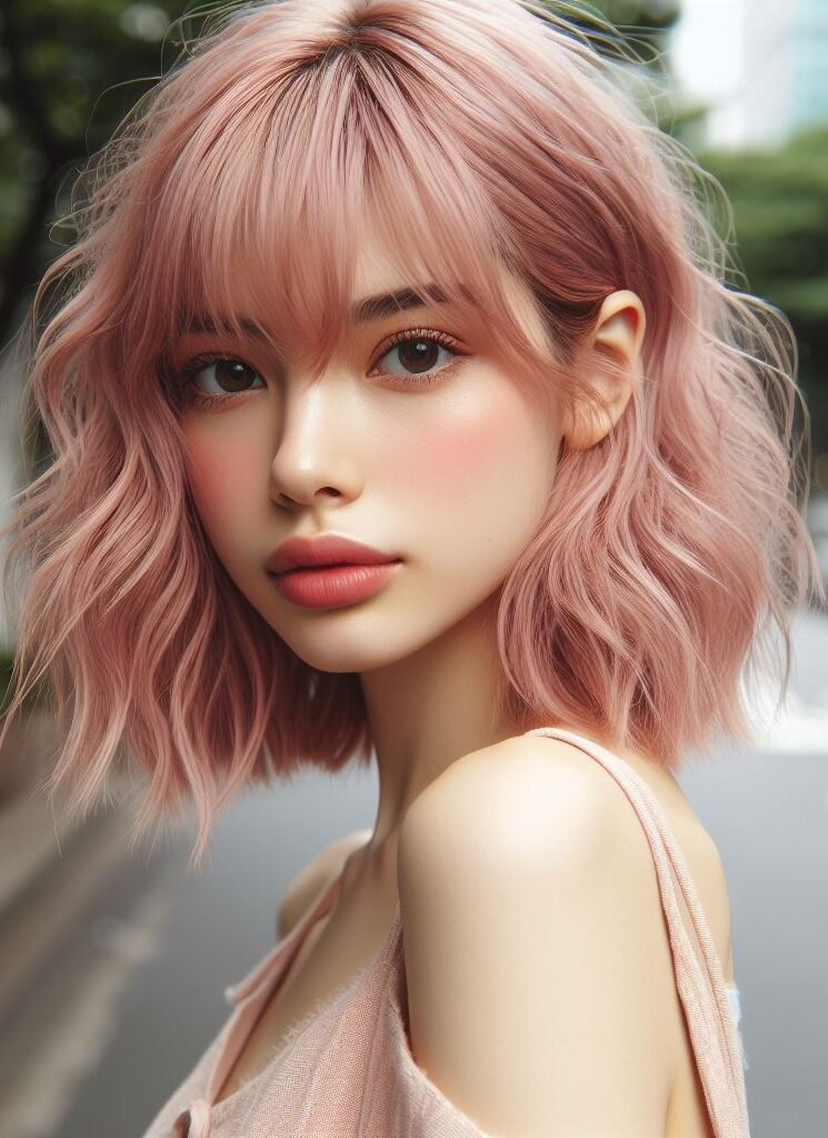 Dive into a world of whimsy with Curtain Bangs adorning medium-length peachy pink wavy locks. This enchanting hairstyle radiates playful charm and feminine allure, perfect for those who dare to stand out. Embrace your unique style with #CurtainBangs #PeachyPinkHair #WavyHair #POCOKO