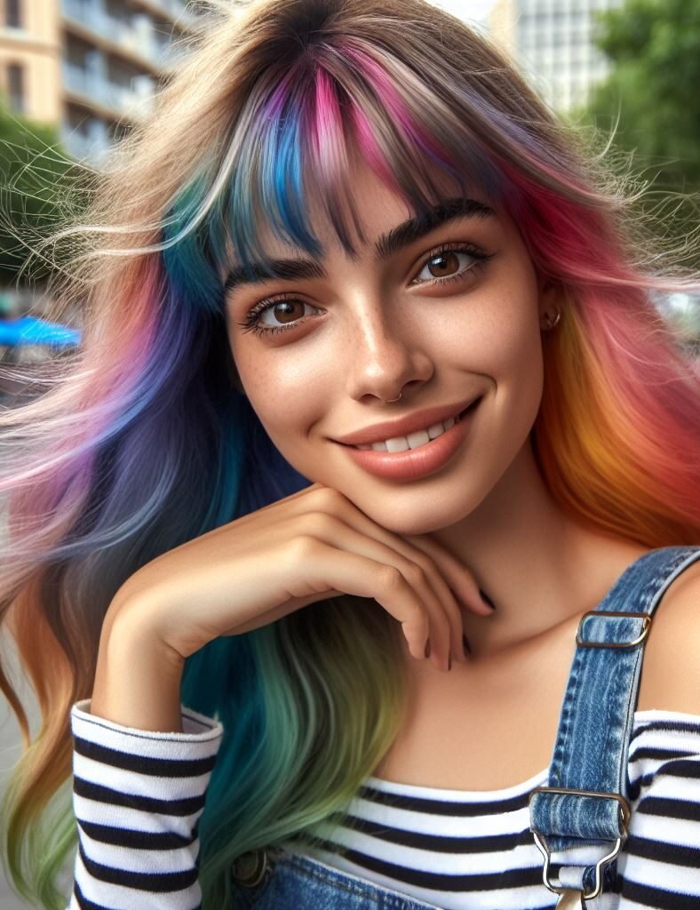 Dive into a vibrant world of color with Curtain Bangs enhancing long, wavy locks adorned with rainbow highlights. This eye-catching hairstyle exudes fun and creativity, perfect for those who love to express themselves boldly. Embrace the spectrum of possibilities with #CurtainBangs #RainbowHair #WavyHair #POCOKO