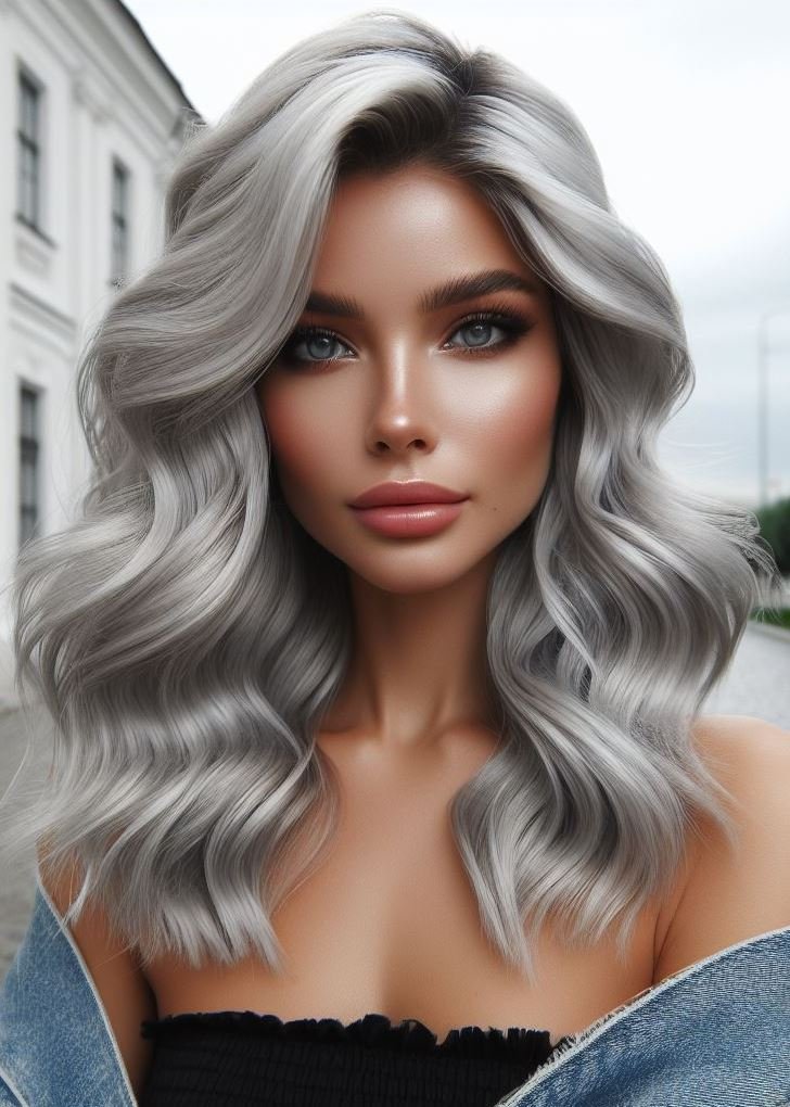 Ice queen vibes! Voluminous waves meet a stunning platinum silver shade for a glamorous medium hairstyle. #pocoko #silverhair #waves