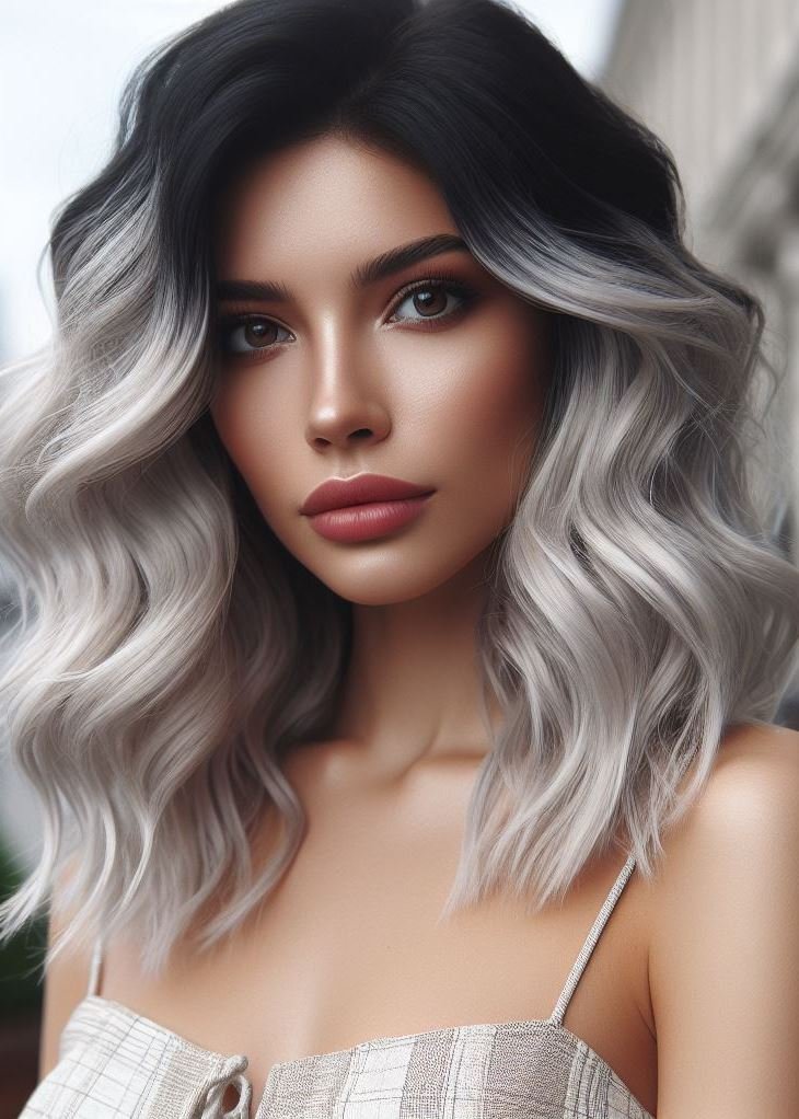 Shine bright like a diamond! Voluminous waves and a platinum silver shade create a show-stopping look for medium hair. #pocoko #platinumhair #mediumhair